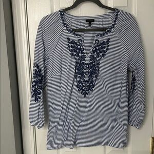 Talbots Navy and White Embroidered Blouse